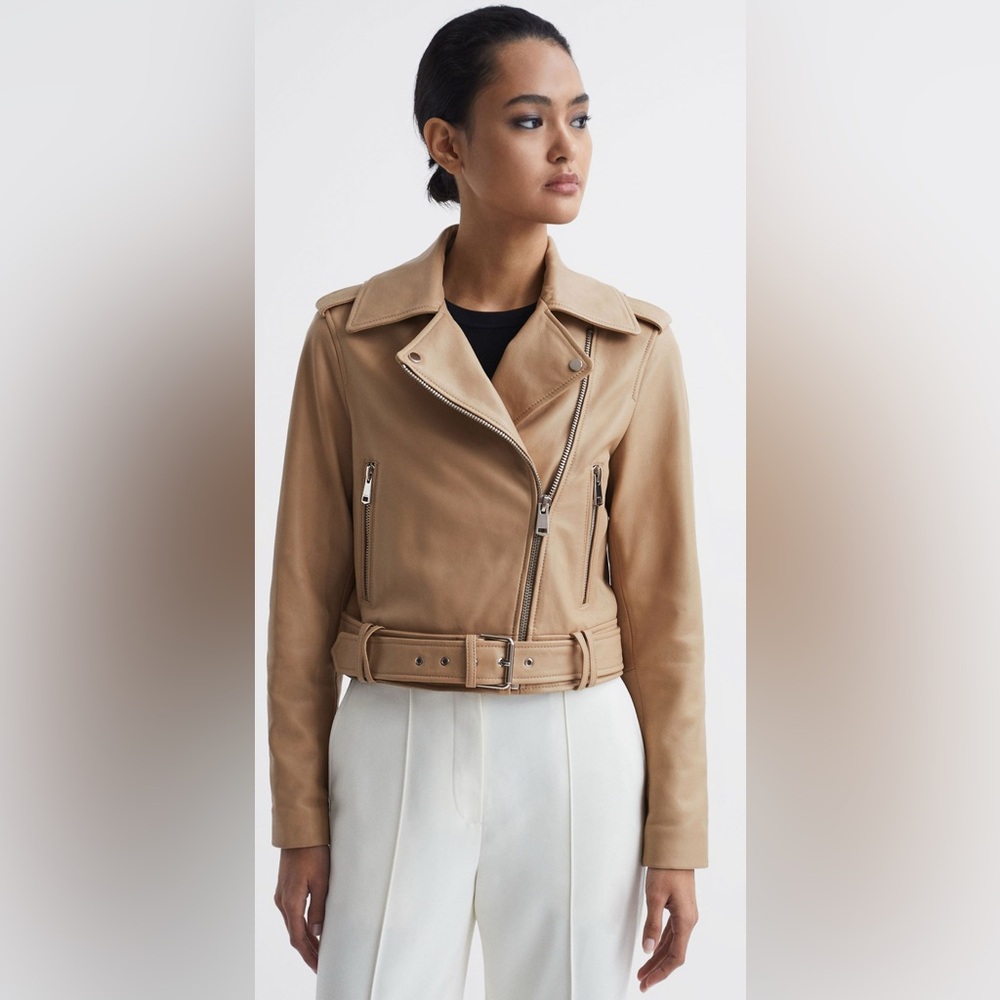 REISS Tyler Leather Biker Jacket in Neutral Size 6 New - Picture 2 of 11